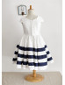 Ivory Navy Blue Taffeta Stripes Knee Length Flower Girl Dress Ivory Navy Blue Taffeta Stripes Knee Length Flower Girl Dress